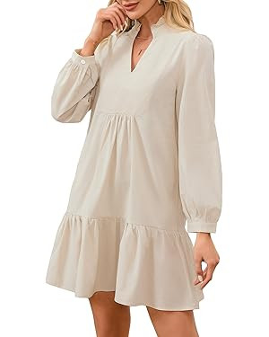 Ladyful Womens V Neck Drop Waist Cotton Mini Dress Long Sleeve Ruffle Tiered Short Flowy Notched ... | Amazon (US)