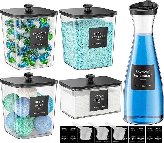 3+1+1 Pack Laundry Pods Container & Dryer Sheet Holder with Lid, 54OZ Liquid Soap Detergent Dispe... | Amazon (US)