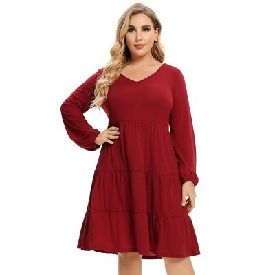 Plus Size Women's Long Sleeve V Neck Tiered Midi Dress, Casual Flowy Ruffle Swing Dress for Daily Wear | Target