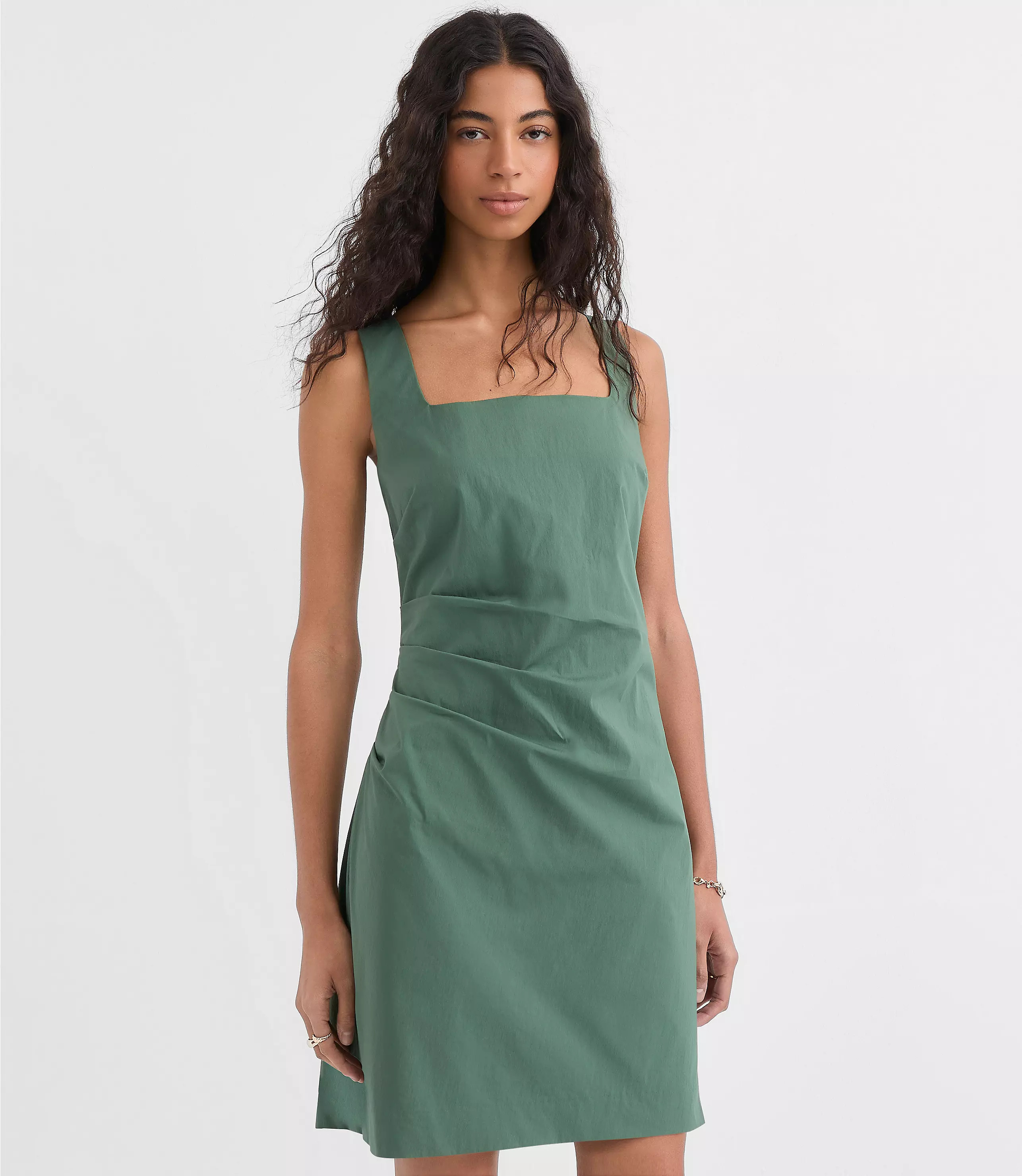 Pleated Stretch Poplin Square Neck Mini Dress | LOFT
