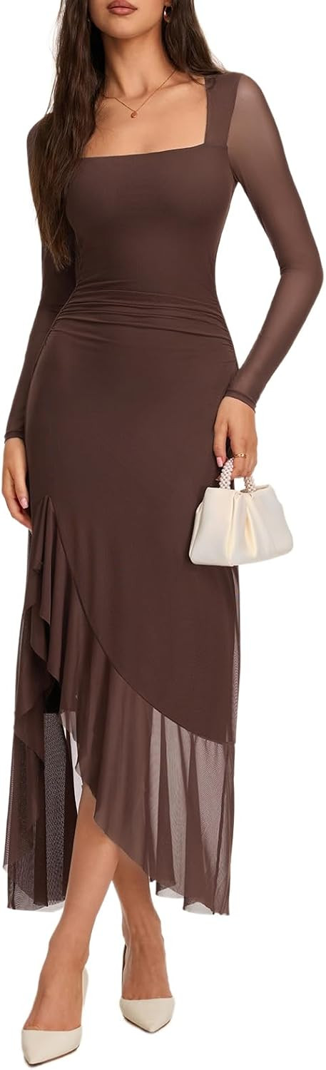 REORIA Wedding Guest Maxi Dresses for Women | Square Neck,Ruffle,Slim,Bodycon,Slit,Formal,Elegant Long Dress,Cocktail,2026 | Amazon (US)