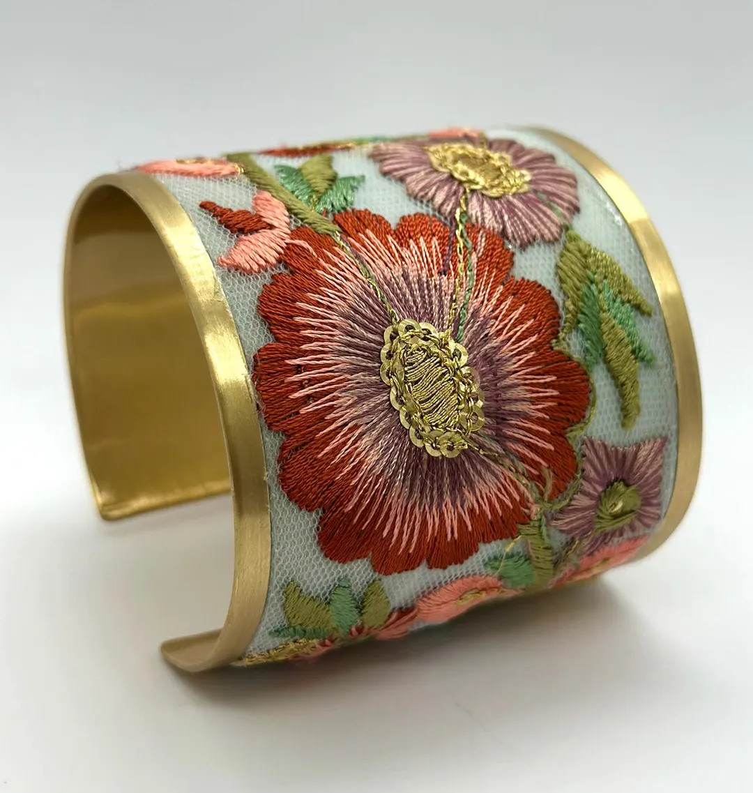 Floral Embroidered Fabric Cuff Bracelet With Gold-tone Stainless Steel - Etsy | Etsy (US)