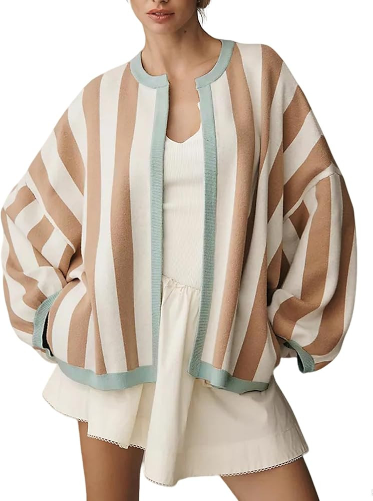 Women's Casual Loose Fit Striped Cardigan Long Balloon Sleeves Open Front Knit Sweater | Amazon (US)