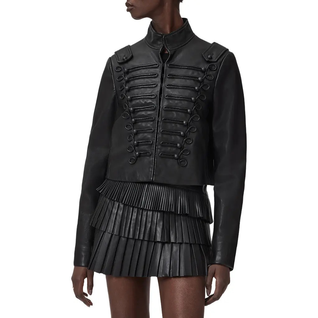 AllSaints Rummy Leather Military Jacket in Black at Nordstrom, Size 12 Us | Nordstrom
