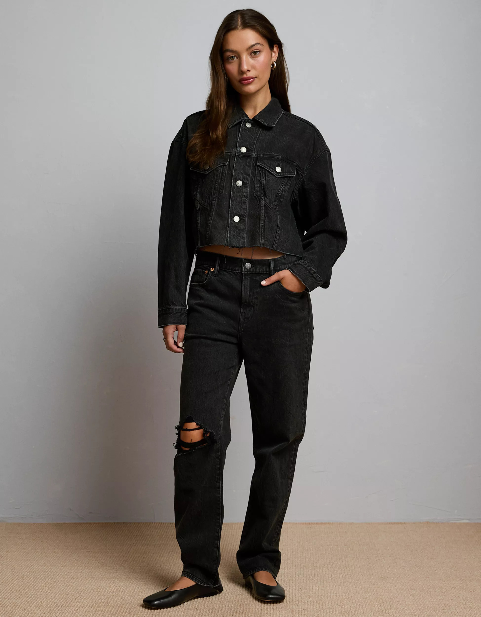 AE77 Premium Cropped Denim Jacket | American Eagle Outfitters (US & CA)