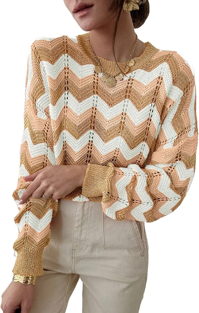 Dokotoo Women's 2023 Long Sleeve Crew Neck Striped Color Block Hollow Out Knitted Pullover Sweate... | Amazon (US)