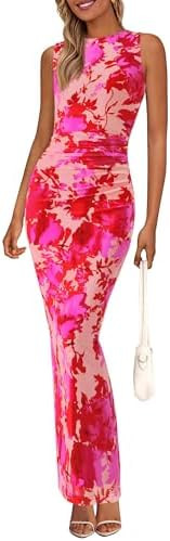 PRETTYGARDEN Womens Summer Wedding Guest Dress 2026 Spring Mesh Sleeveless Bodycon Ruched Floral ... | Amazon (US)
