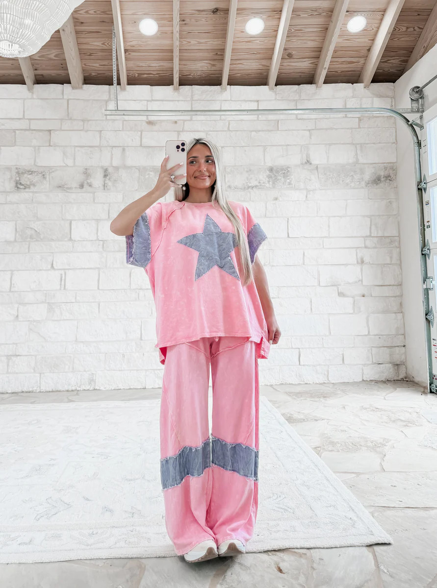 Get In Line Star Mineral Wash Denim Patched Wide Leg Pants - Cupcake Pink | CK Squared Boutique
