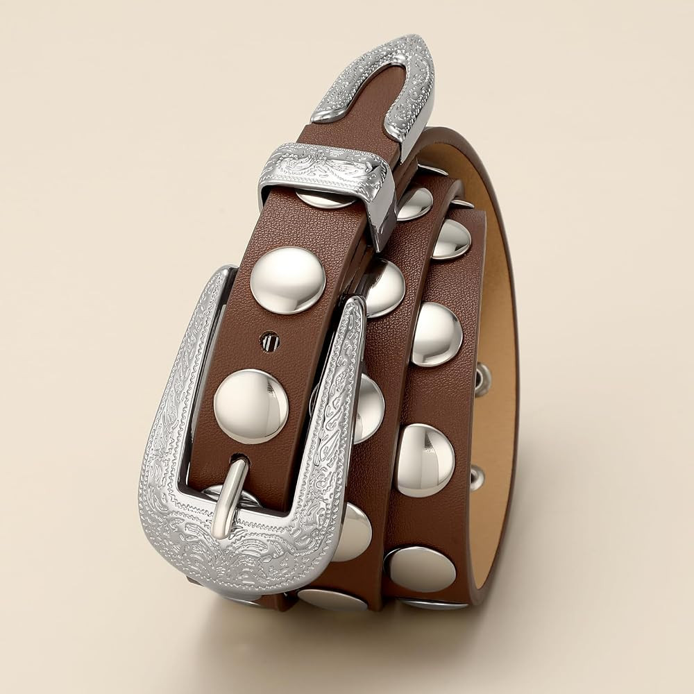 Women Western Studded Belt for Jeans Fashion Thin Leather Belt Vintage Skinny Ladies Belts for Dr... | Amazon (US)