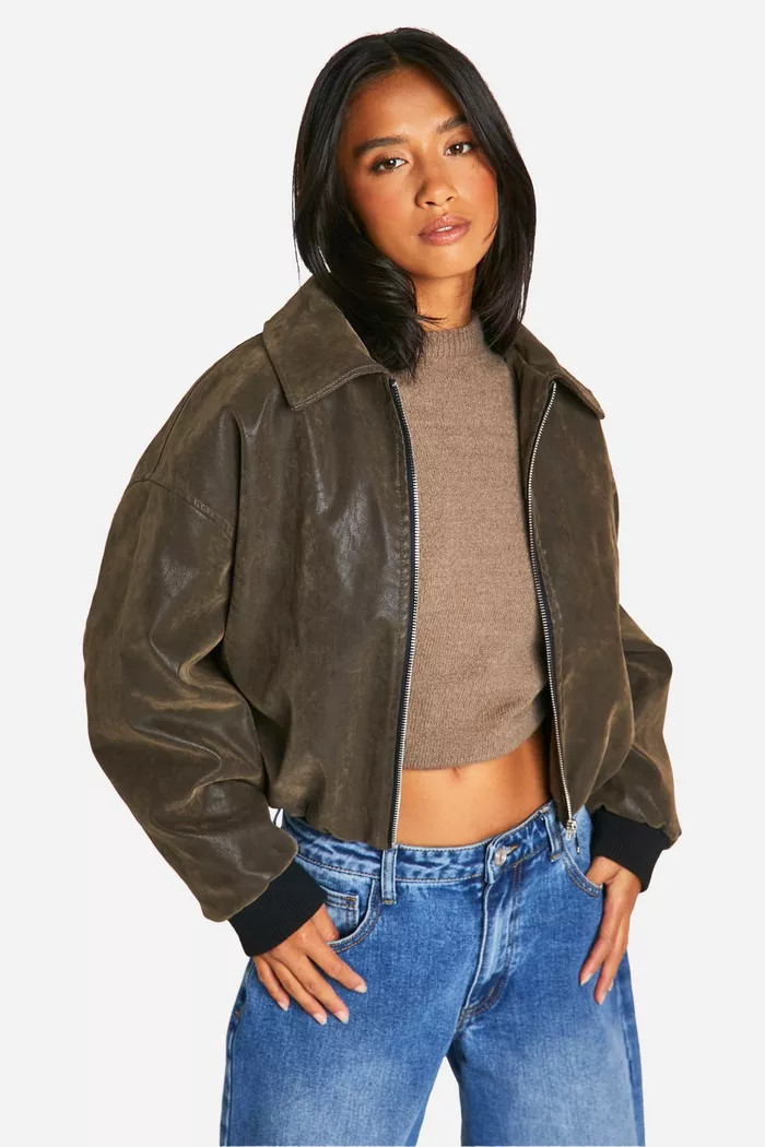 Petite Vintage Look Faux Leather Bomber Jacket | boohoo (US & Canada)