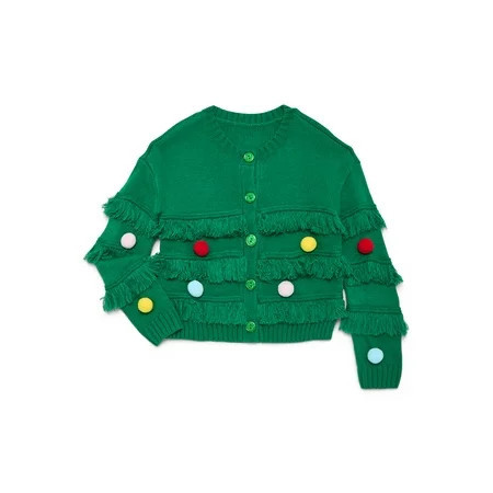 Holiday Time Girls Fringe Cardigan Sweater with 3D Trim, Sizes 4-18 & Plus | Walmart (US)