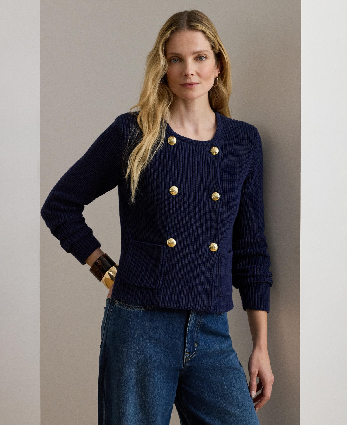 Lauren Ralph Lauren Women's Double-Breasted Crewneck Sweater Jacket - Refined Navy | Macy's