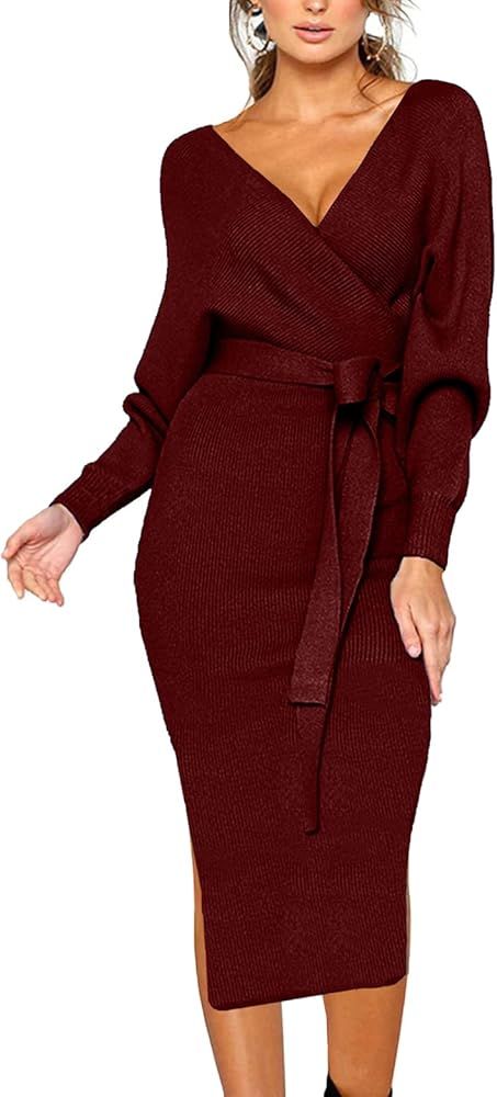 CHERFLY Women's V Neck Sweater Dresses Batwing Long Sleeve Backless Bodycon Dress with Belt | Amazon (US)
