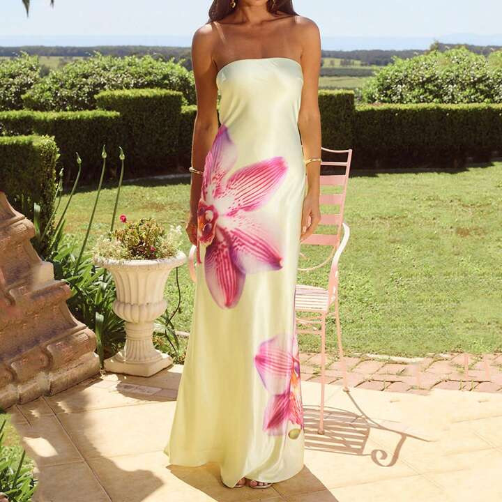 Women Summer Long Bandeau Dress Sleeveless Off Shoulder Flower Print Tube Top Dress | SHEIN