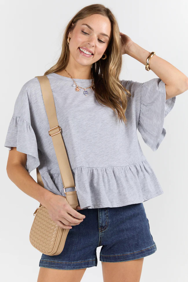 Perfect Grey Knit Ruffle Hem Tee | Pink Lily
