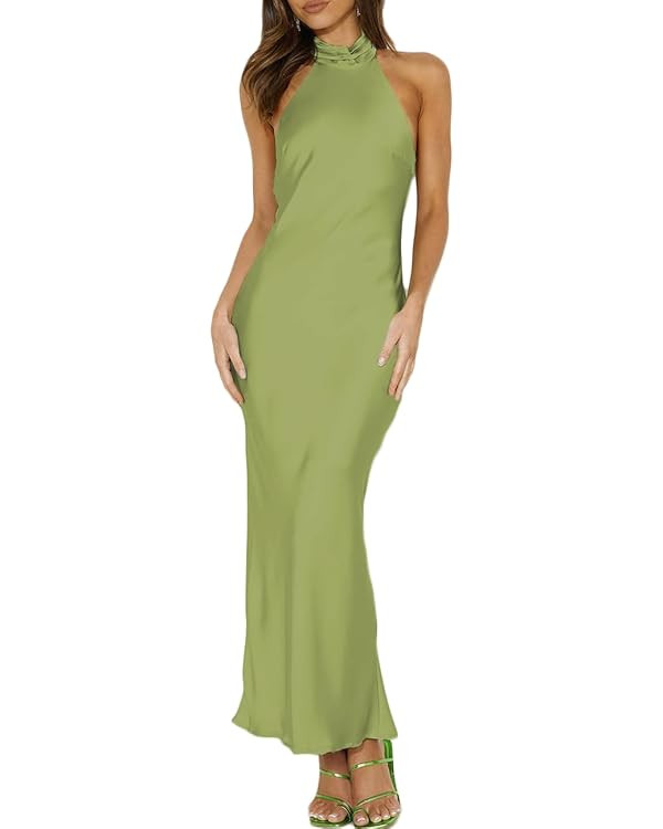 Phicia Sexy Satin Halter Neck Backless Maxi Dress for Women Elegant Tie Cowl Back Formal Wedding ... | Amazon (US)