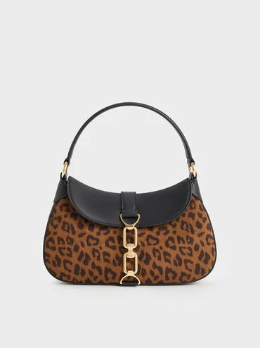Multicoloured Agatha Leopard-Print Chain-Accent Hobo Bag | CHARLES & KEITH UK | Charles & Keith UK
