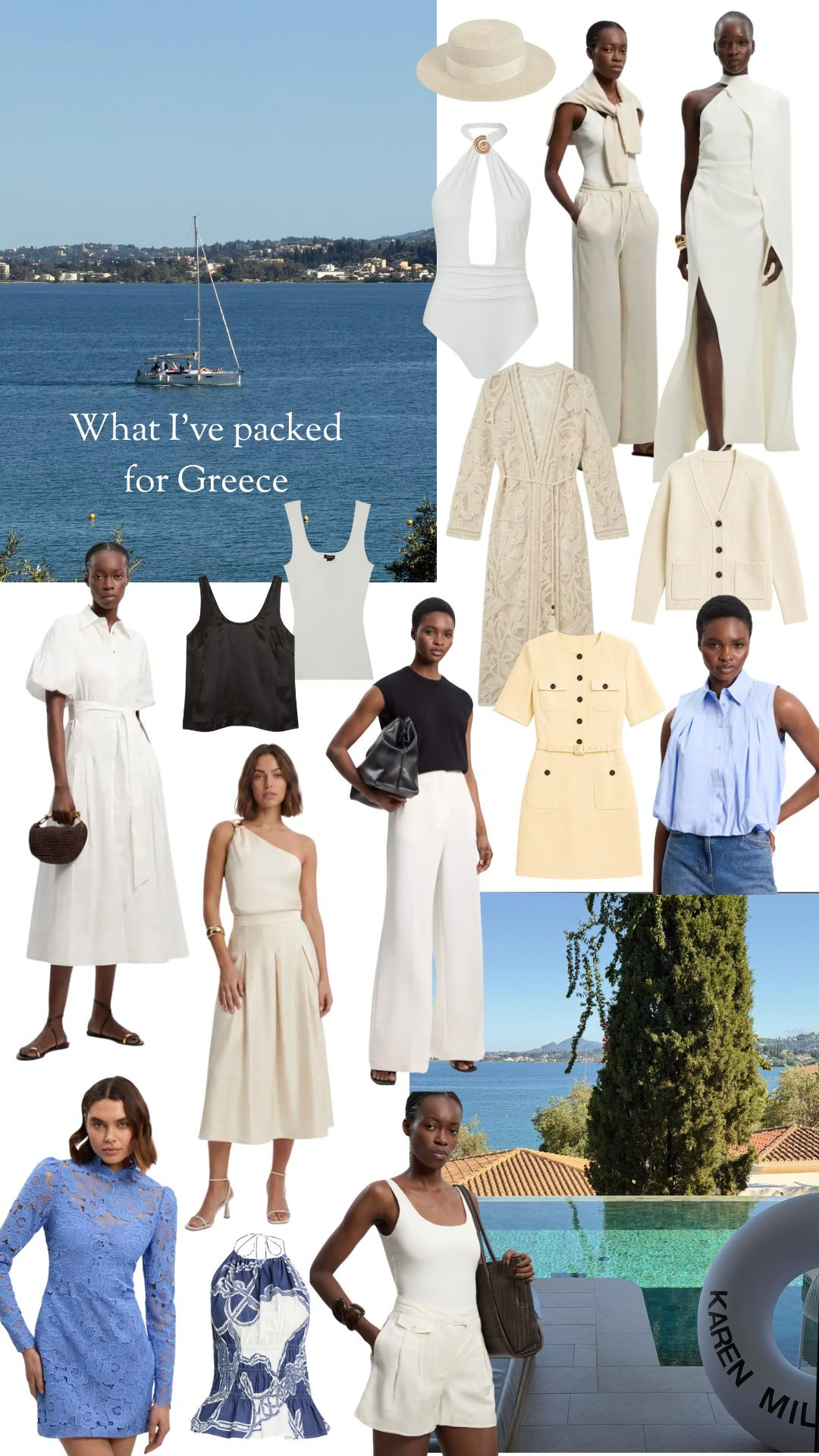 What I’ve Packed For Greece from Karen Millen. Use code KMCHLOE15 for 15% off 🤍 

Greece Packing Inspiration, Summer Holiday Wardrobe, Neutral Holiday Style, Summer Dress, Cream Maxi Dress, Halter Neck Swimsuit, Straw Sun Hat, Lightweight Cardigan, Sleeveless Knit Top, Black Tank Top, Capsule Holiday Wardrobe, Beach To Dinner Outfits, Luxury Summer Style. 

 #LTKuk #LTKsummer #LTKeurope