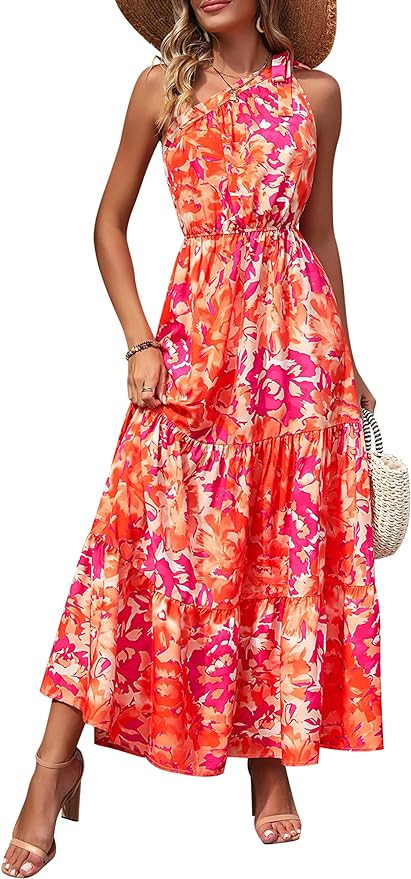 PRETTYGARDEN Women's Summer Floral Maxi Dress Knot One Shoulder Sleeveless Ruffle Flowy Boho Beac... | Amazon (US)
