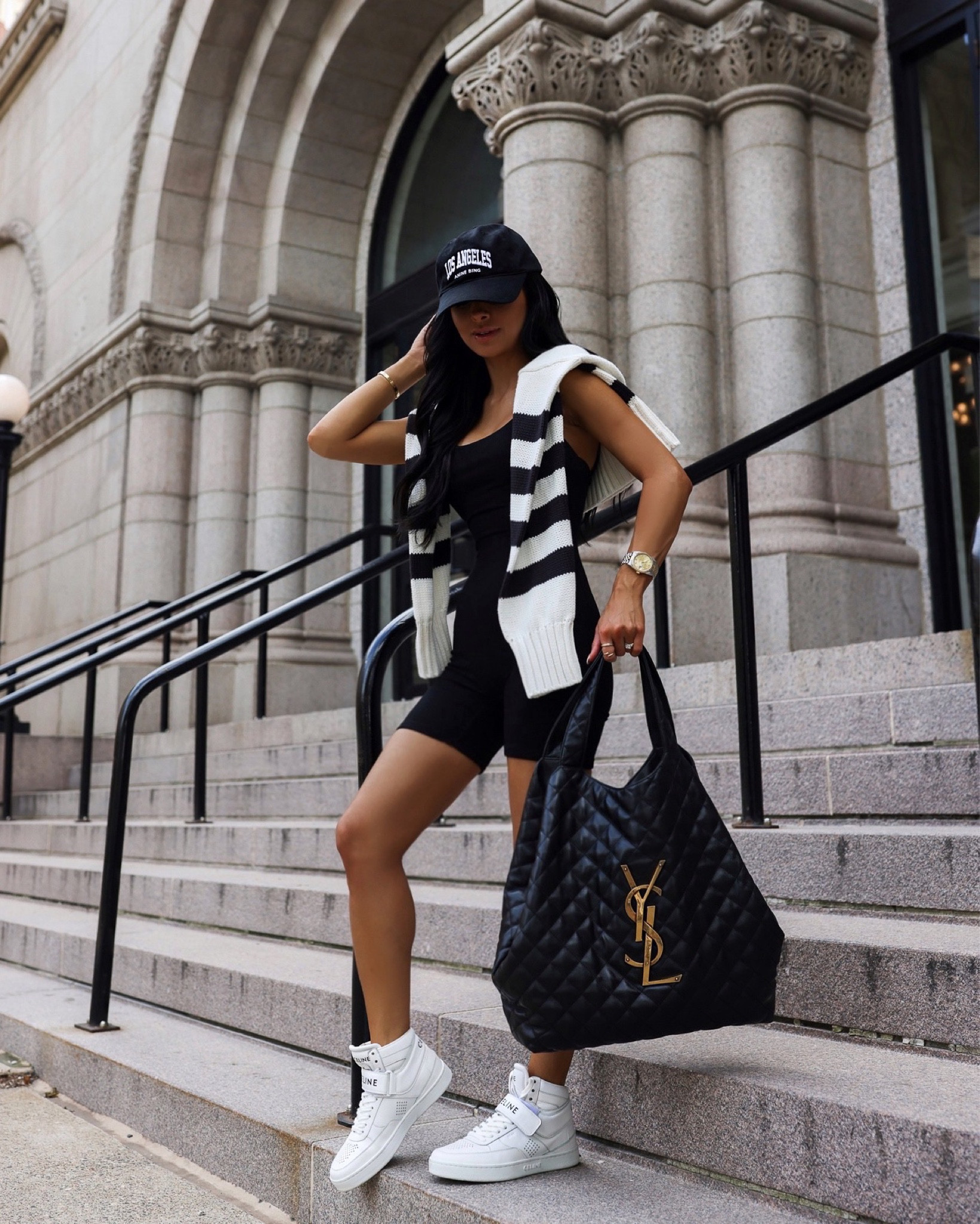 Casual weekend outfit ideas
Revolve striped sweater wearing an XS
Nordstrom black romper wearing an XS
Celine white sneakers 
YSL Saint Laurent Icare bag
Anine Bing baseball cap



#LTKunder100 #LTKstyletip #LTKSeasonal