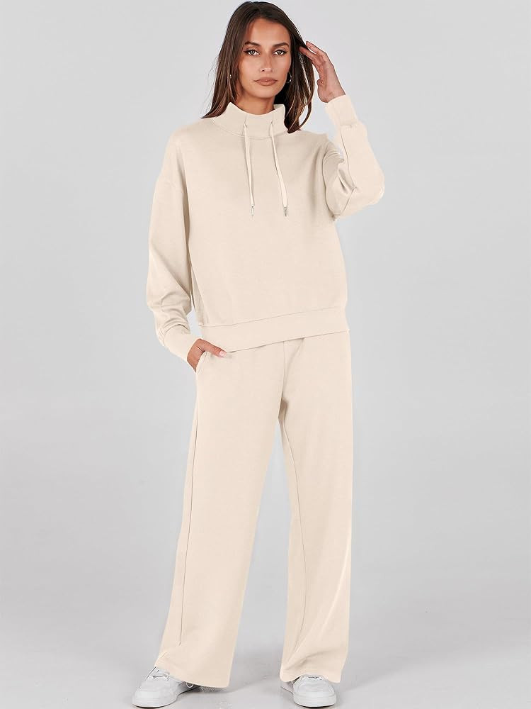 ANRABESS Womens 2 Piece Outfits Sweatsuit Set 2023 Fall Drawstring Sweatshirt Wide Leg Sweatpant ... | Amazon (US)