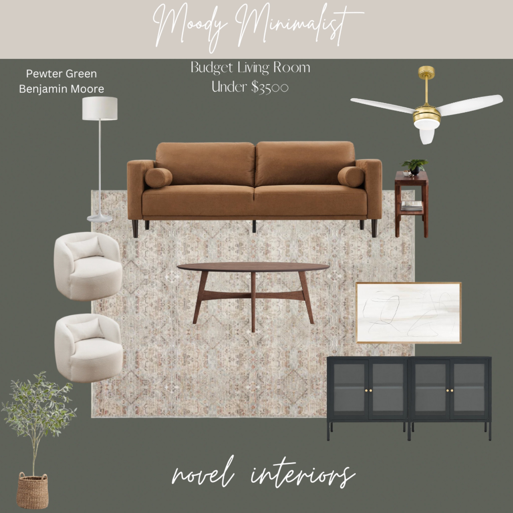 This beautiful room is set against a moody green backdrop. Clean lines and a mid century vibe - all for under $3500