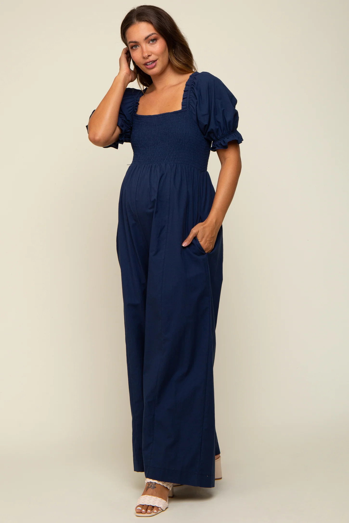 Navy Smocked Square Neck Wide Leg Maternity Jumpsuit | PinkBlush Maternity
