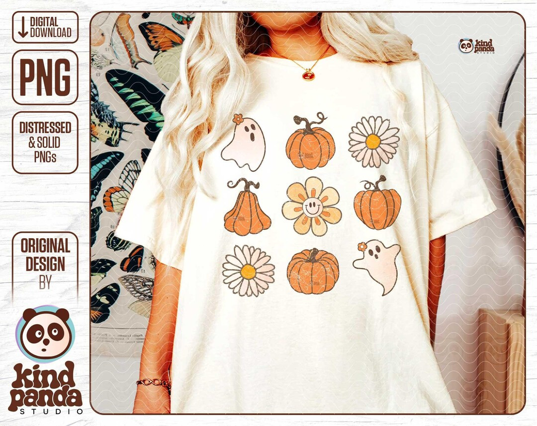 Retro Fall PNG, Ghosts Pumpkins Flowers, Distressed Fall Shirt Sublimation Design, Cozy Season, H... | Etsy (US)