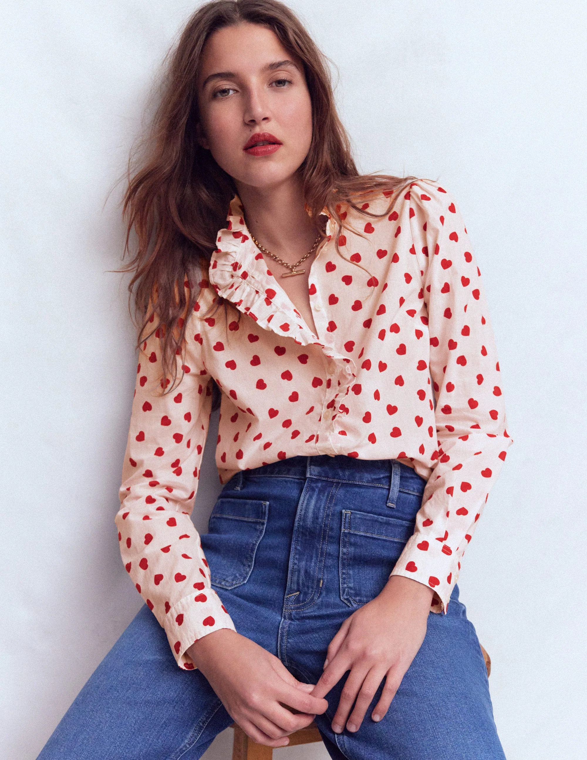 Isabel Ruffle Cotton Shirt-Ivory, Hearts | Boden (US)