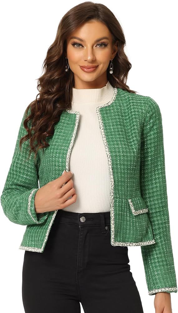 Allegra K Women's Plaid Tweed Blazer Long Sleeve Open Front Work Office Short Jacket | Amazon (US)