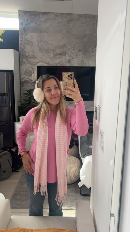Pink houndstooth scarf 
Pink winter accessories 

#LTKtravel #LTKstyletip #LTKMostLoved