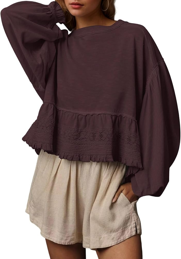 MISSACTIVER Women Oversized Crop Sweatshirts Crew Neck Long Puff Sleeve Lace Babydoll Top Casual ... | Amazon (US)