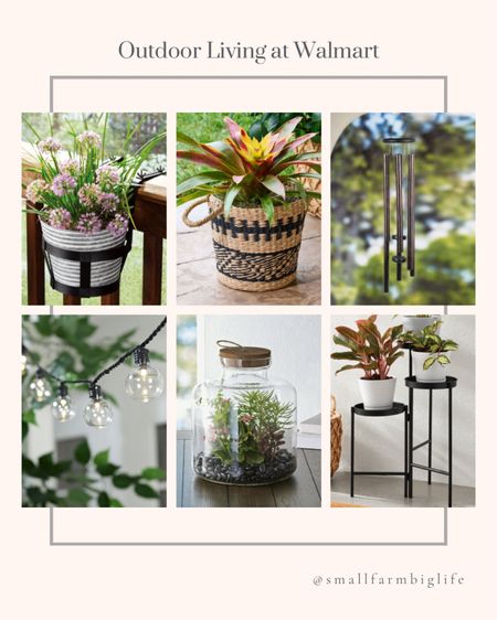 Outdoor living decor at Walmart. Patio decor. Deck rail pot holder. Basket planter. Metal wind chime. There tier plant holder. Glass jar terrarium. Globe outside light strand  

#LTKhome #LTKfindsunder50 #LTKSeasonal