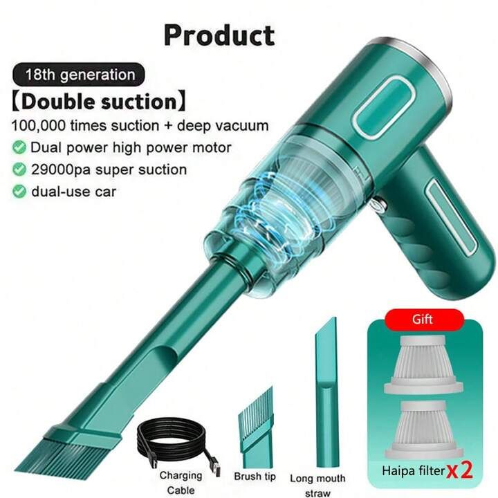 1pc Mini Green Wireless Handheld Car/Home Vacuum Cleaner With Double Filters And Strong Suction | SHEIN