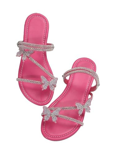 Floerns Women's Elegant Rhinestone Butterfly Transparent Elastic Strap Summer Flat Sandals Hot Pink 8 | Amazon (US)