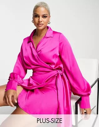 Never Fully Dressed Plus satin wrap mini dress in fuchsia pink | ASOS (Global)