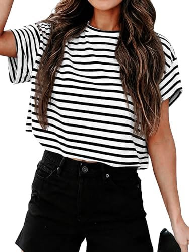 Tankaneo Women Short Sleeve Cropped T-Shirts Crew Neck Top Summer Basic Tee | Amazon (US)