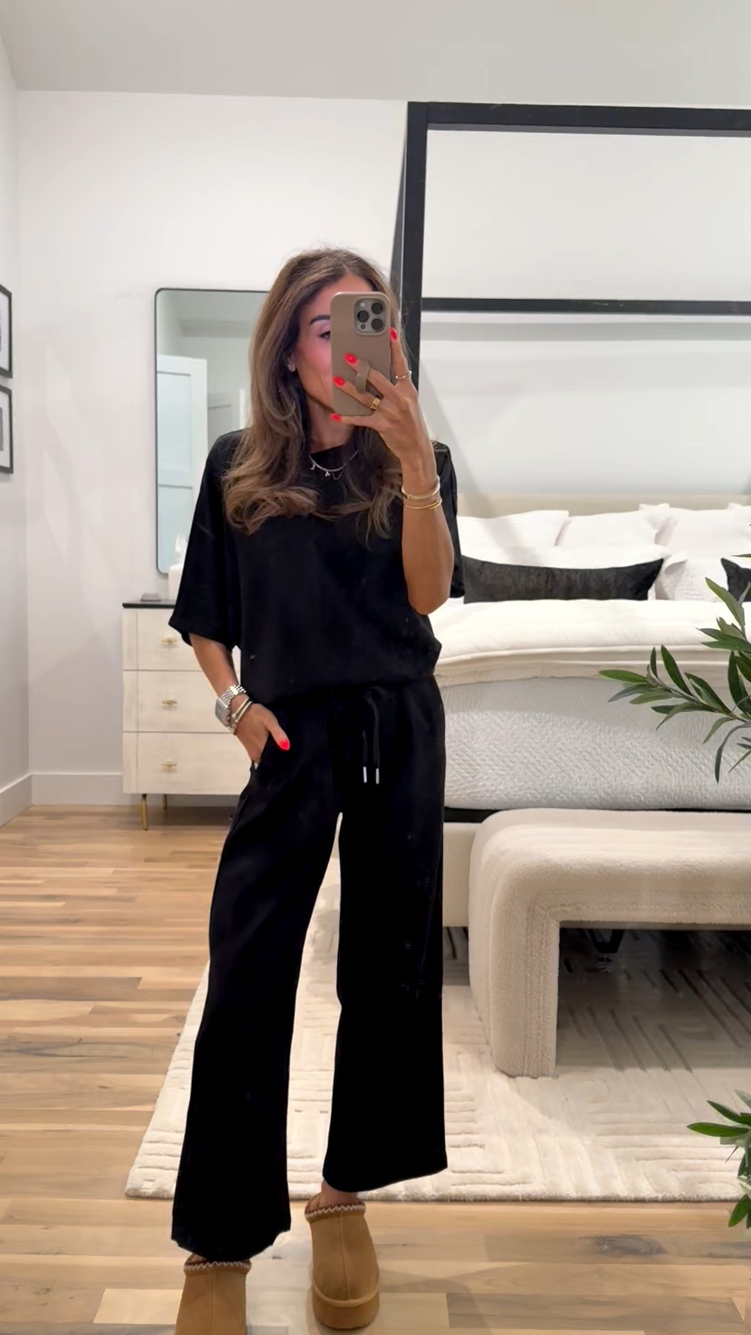 Black lounge/travel outfit idea and petite friendly! Wearing with my
Favorite Ugg look for less slippers 

#LTKOver40 #LTKPetite