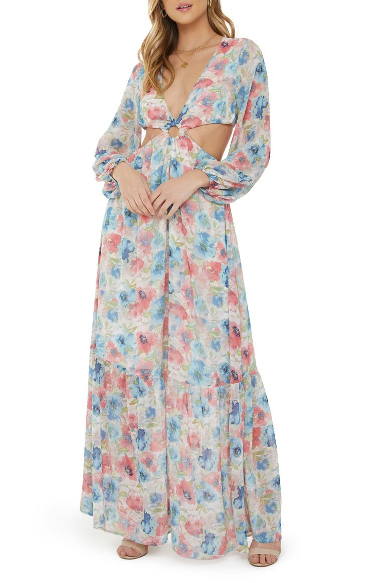 x Nordstrom Floral Plunge Neck Cutout Long Sleeve Maxi Dress | Nordstrom