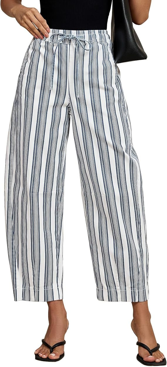 luvamia Barrel Jeans Women Trendy Striped Cropped High Waisted Pull On Elastic Waist Wide Leg Cas... | Amazon (US)