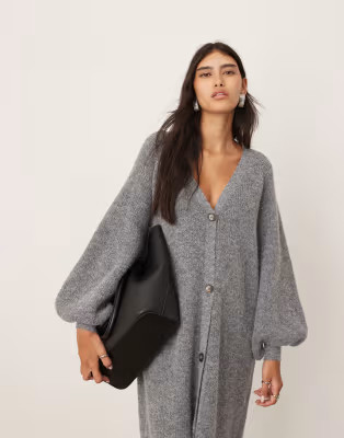 ASOS EDITION knit balloon sleeve button up midaxi dress in charcoal | ASOS (Global)
