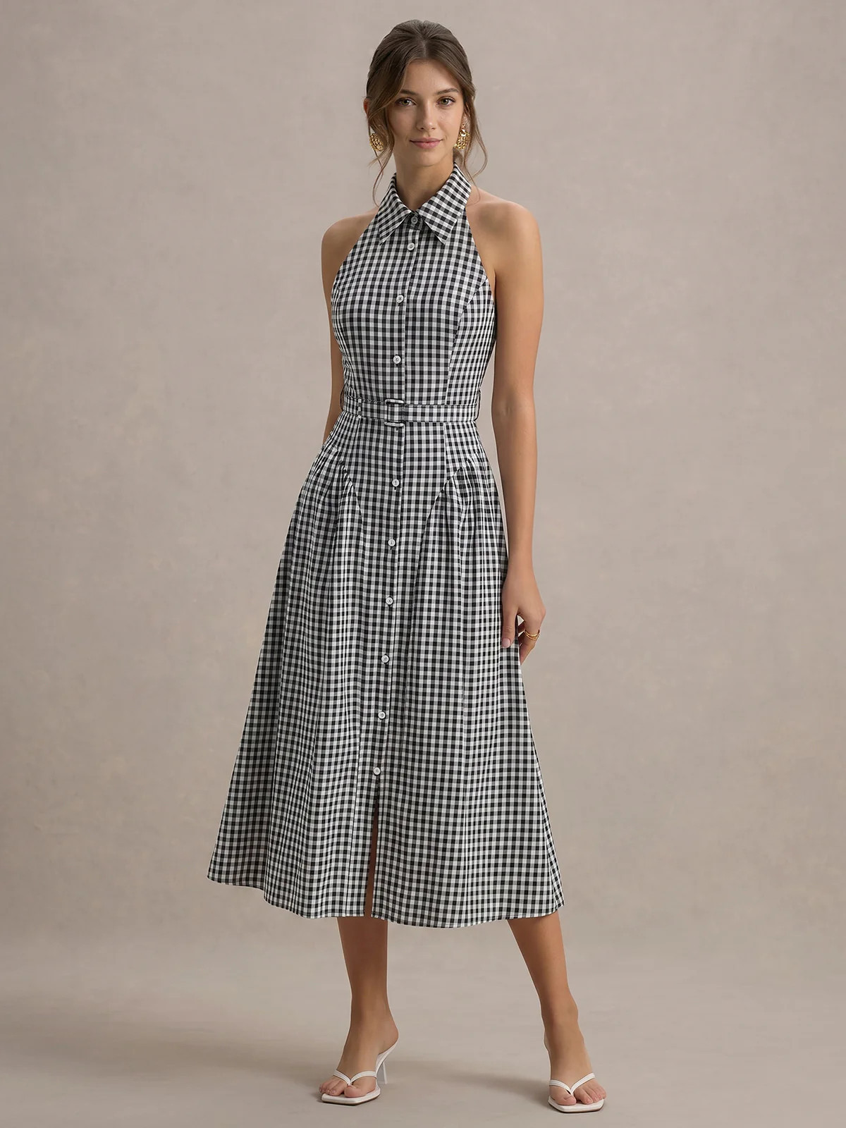 Gingham Collared Halter Belted Midi Dress | Commense