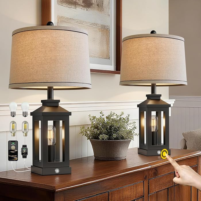 BOBOMOMO 23.75" Farmhouse Black Table Lamps Set of 2– Rustic Bedside Lamps with 3 Way Dimmable ... | Amazon (US)