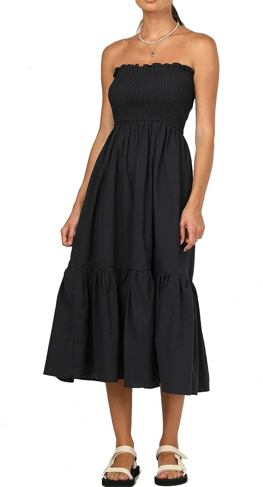 R.Vivimos Womens Summer Cotton Floral Print Strapless Boho Beach Casual Midi Tube Dresses | Amazon (US)