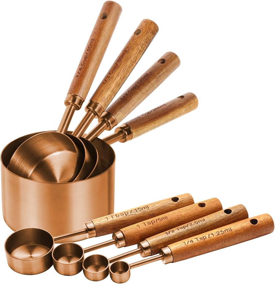 Copper Stainless Steel Measuring Cups and Spoons Set,8 Piece Measuring Cup Set with Wooden Handle... | Amazon (US)