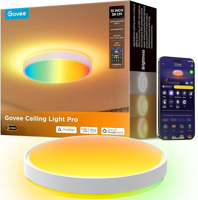 Govee Smart Ceiling Light 4300LM 15 Inch, RGBIC 2700K-6500K 1 Pack | LED Ceiling Light Fixture Wo... | Amazon (US)