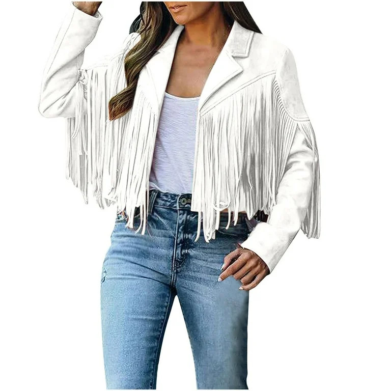 Suede Tassel Crop Jacket Women Fringed Hem Tassel Cardigan Vintage Lapel Hippie Motor Biker Stree... | Walmart (US)