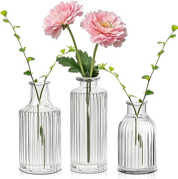 ComSaf Glass Bud Vases Set of 3, Small Flower Vases in Bulk, Mini Ribbed Vases for Centerpieces, ... | Amazon (US)