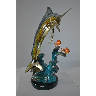 Swordfish with Two Small fish Bronze Statue on Marble - Size: 21"L x 13"W x 28"H | Wayfair North America