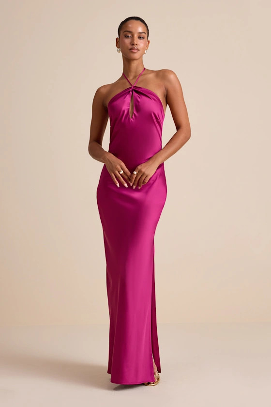 Gracie Magenta Satin Halter Neck Maxi Dress | Lulus